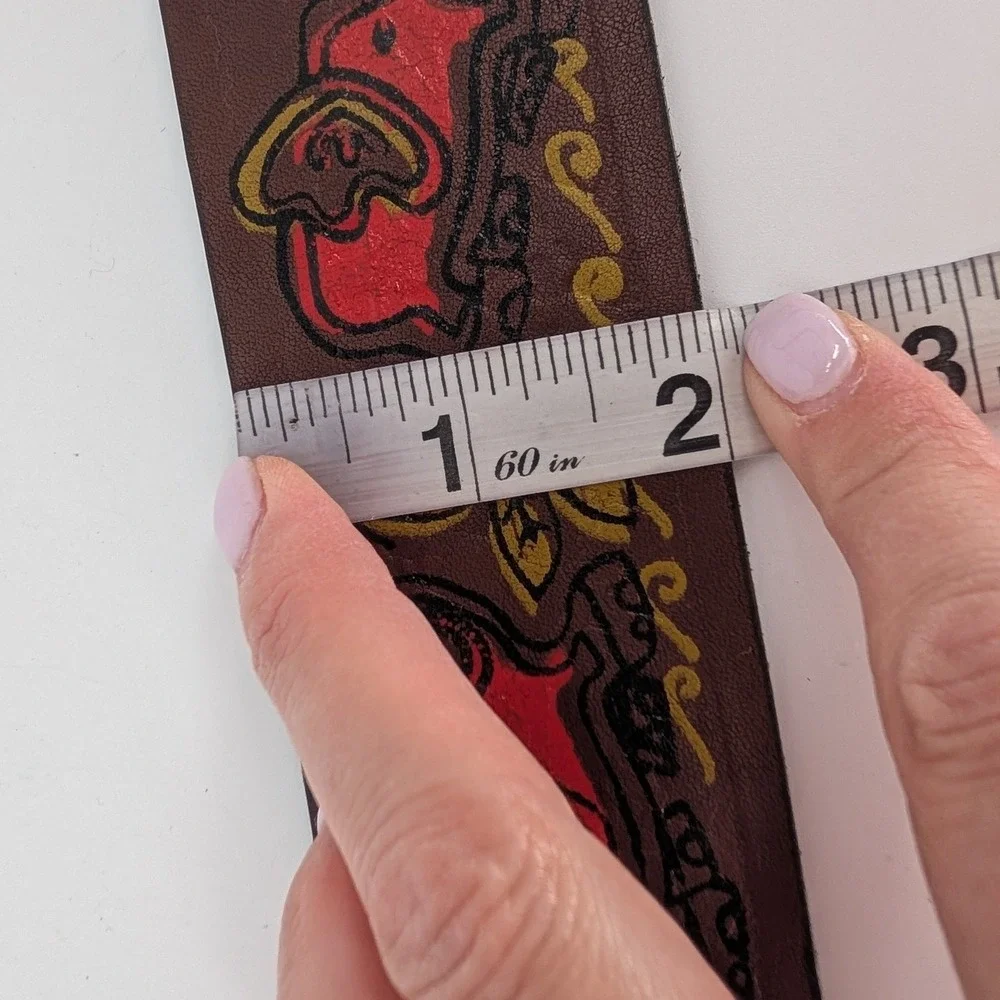 VTG Elephant Hand Painted Leather Wide Belt Unisex OS Brown Boho Western Artisan